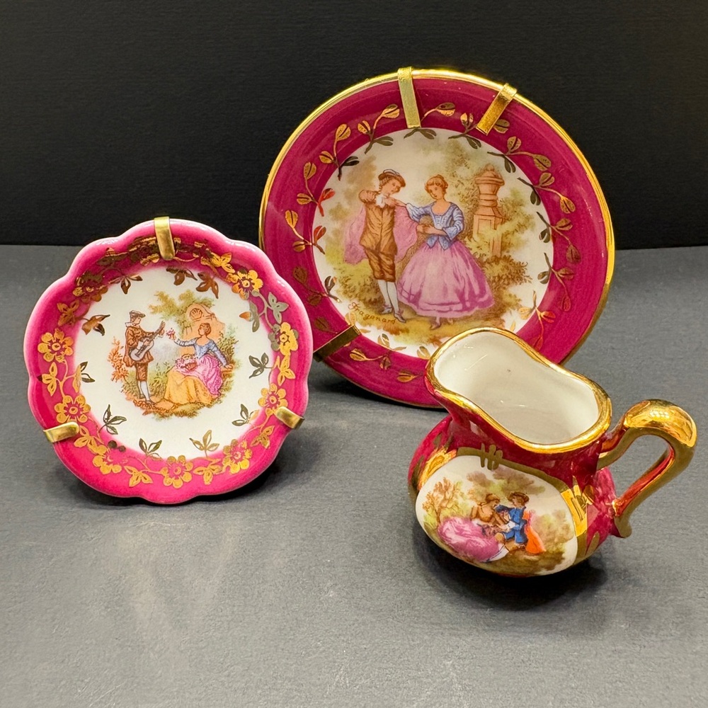Limoges Vintage Miniature Handpainted Pink and Gold Porcelain Dish Set